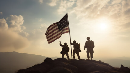 Army Soldiers Silhouette holding USA flag of sunset or sunrise background. Greeting card for Veterans Day, Memorial Day, Independence Day. America celebration