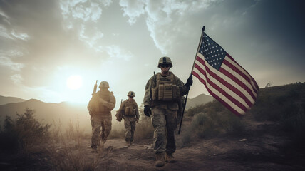 Army Soldiers holding USA flag of sunset or sunrise background. Greeting card for Veterans Day, Memorial Day, Independence Day. America celebration