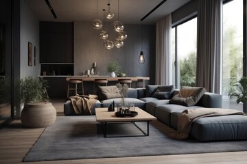Obraz na płótnie Canvas cozy living room with abundant natural light and comfortable furniture. Generative AI