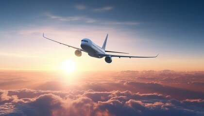 Fototapeta na wymiar Commercial Jet Airplane on sunset, Sunset Flight - Jet plane Soaring 3d illustration