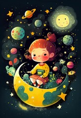 Cover book of kid standing on universe with cute little stars Created with Generative AI technology.