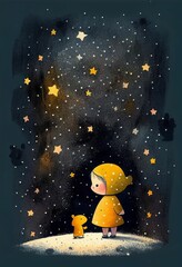 Cover book of kid standing on universe with cute little stars Created with Generative AI technology.