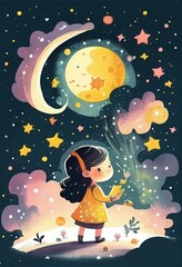 Cover book of kid standing on universe with cute little stars Created with Generative AI technology.