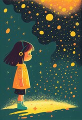 Cover book of kid standing on universe with cute little stars Created with Generative AI technology.