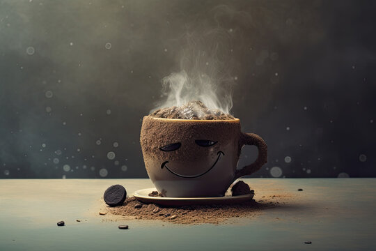 Funny cup of hot beverage with smiling face, generative ai illustration