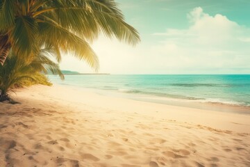 serene beach with a tall palm tree and clear blue ocean in the background. Generative AI