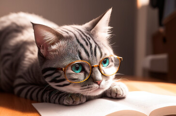 Cat in glasses reading book. Cute smart pussycat in eyeglasses with book. Generative AI.