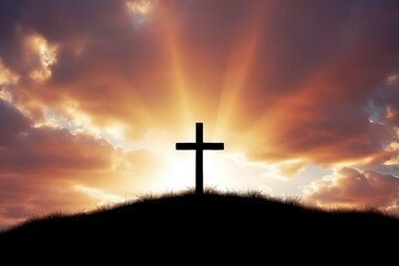 wooden cross on top of a hill bathed in warm sunlight during sunset