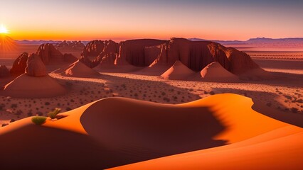 Fototapeta na wymiar View of desert landscape at sunrise - generative ai