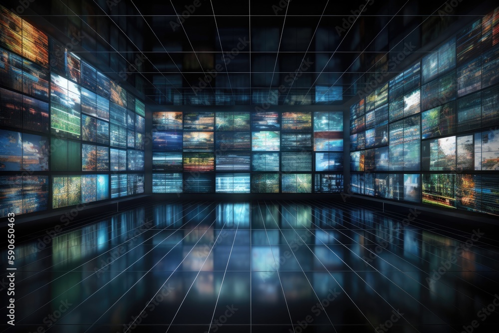 Poster high-tech control room with multiple screens displaying various data and information. generative ai