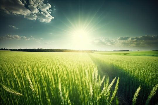 a lovely field of crops with the sun in the middle of it. Generative AI