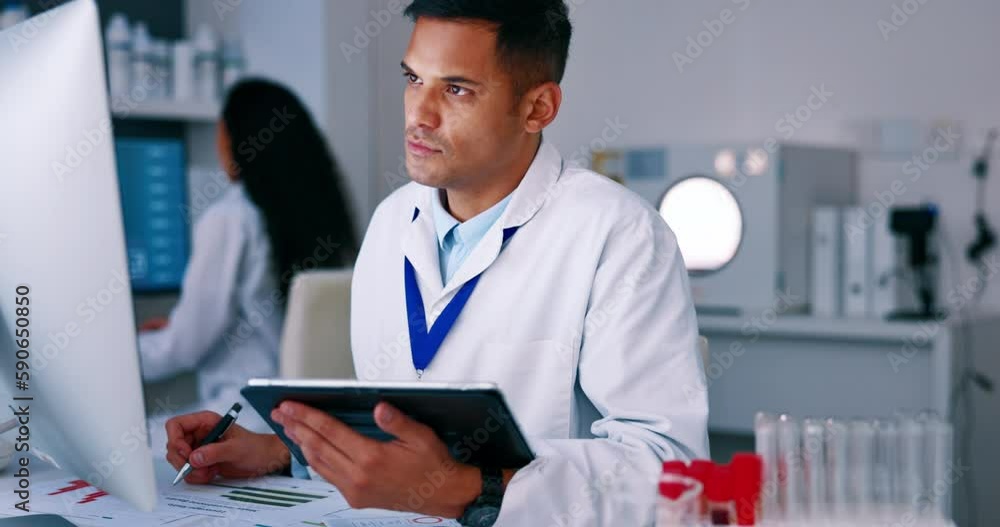 Poster science, research and man with tablet in lab for medical analysis and innovation in laboratory. phar