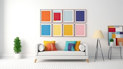 Living room with eight picture frames on a white wall with a colorful design created with generative AI technology