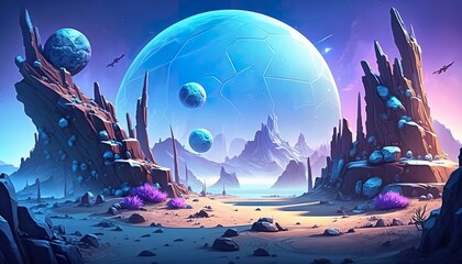 2D alien planet background environment for a battle arena mobile game. Another world fantastic landscape flat cartoon style. 2D realistic illustration. Generative AI - obrazy, fototapety, plakaty
