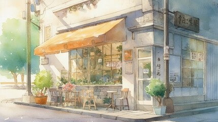 light watercolor, outside of a coffeeshop bright white background, Generate Ai