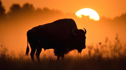 Bison standing in a beautiful meadow, beautiful sun silhouette in the background.