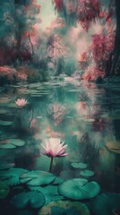 a lake of water lilies with trees on one side, in the style of light emerald and pink, Generate Ai
