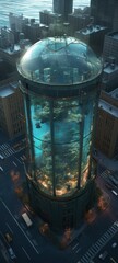 aerial view of a giant fish tank shaped like a tower in the middle of new york city, Generate Ai