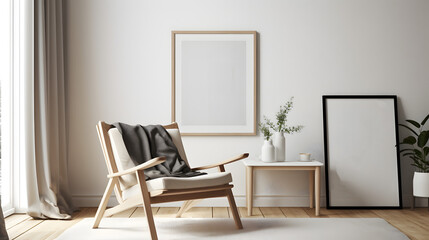 mockup frame in a living room interior with a chair and decor in German style with a nice light.