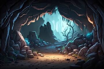 2D fantasy cave in rock background environment for a battle arena mobile game. A passage carved in stone flat cartoon style. 2D realistic illustration. Generative AI - obrazy, fototapety, plakaty