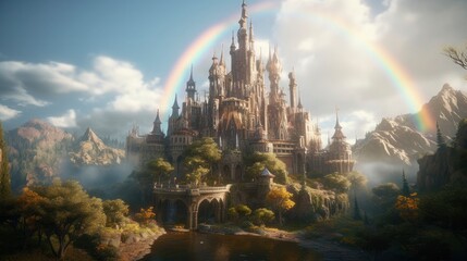 Unleashing the Mystical Realm,  A Fantasy Castle in The Clouds with Rainbow Bridge, Generate Ai