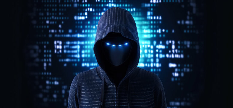 Computer hacker in hoodie. Obscured dark face. Data thief, internet fraud, darknet and cyber security concept.