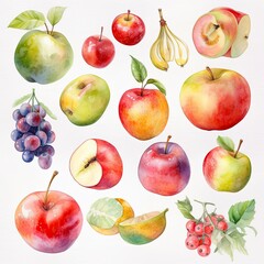collection of pretty delicate watercolor fruits on  white background, Generate Ai