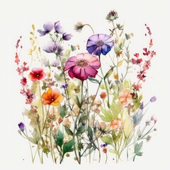 free meadow flowers watercolor and pastel color on white background , Generate Ai