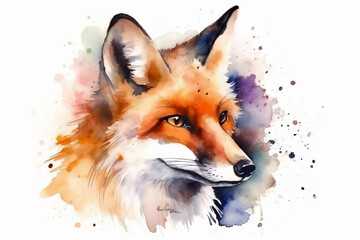 Fototapeta premium Fox Head, Animal, Watercolor Illustration Isolated On White Background, Made Using Generative Ai