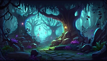 2D abstract and magical enchanted forest background environment for a battle arena mobile game. Enchanted forest path landscape flat cartoon style. 2D realistic illustration. Generative AI