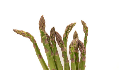 Selective focus of fresh asparagus spears on isolated white background. Close up 