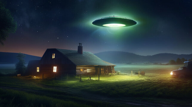 Flying saucer flying over farm at night, alien ship in farm, digital illustration Generative AI