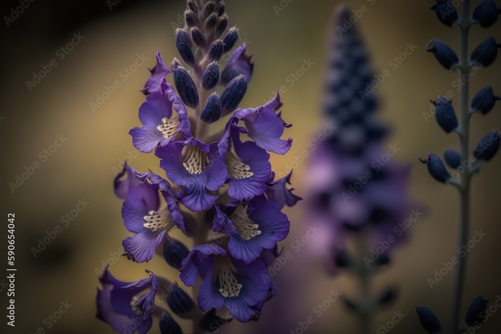 Poster purple delphinium retropilosum, captured in a vertical selective focus photo generative ai