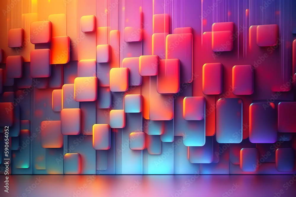Wall mural abstract background with neon holographic square elements. neural network ai generated art