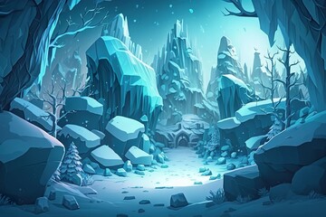 2D ice snow background environment for a battle arena mobile game. A fantastic magic space covered by snow flat cartoon style. 2D realistic illustration. Generative AI
