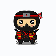 cute vector illustration of a ninja with fast food