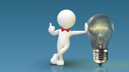 3D Person Leaning on Flickering Light Bulb Thumbs Up features a generic 3d figure leaning on a light bulb lifting his hand to give a thumbs-up.
