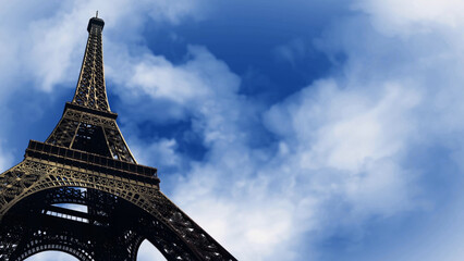 Up View of the Eiffel Tower with Clouds features a view of looking up at the Eiffel Tower with clouds in the background and ready for your custom text.