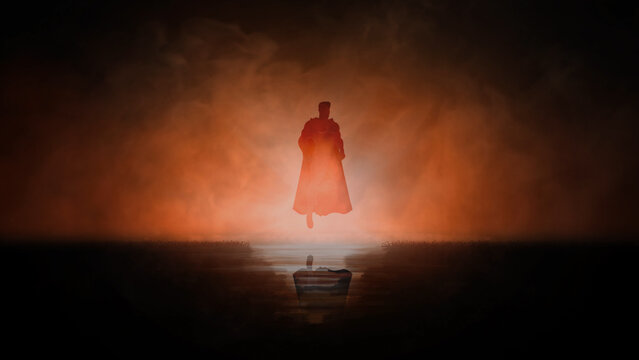 Flying SuperHero Silhouette in Orange Smoky Atmosphere features the silhouette of a flying, hovering superhero with a cape blowing slightly with smoke billowing in an orange atmosphere.