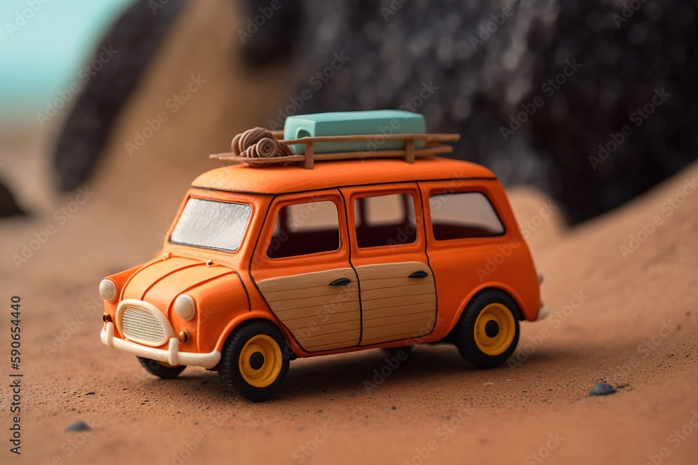 Aufkleber conceptual trip with a little vintage automobile in a current color palette generative ai