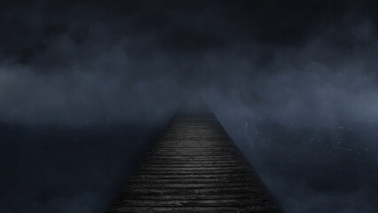 Bridge to Nowhere in the Foggy Dark Background features a wooden walkway stretching out over dark waters and leading into moving fog or mist.