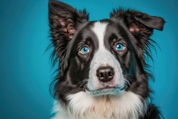 Portrait of a Border Collie set on a bright blue background. Generative AI