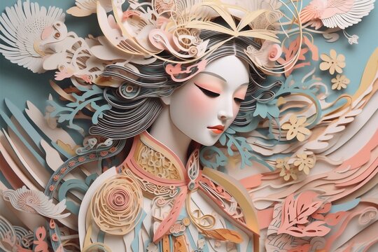 paper quilling illustration, pastel, exquisite color,a beautiful Tang Dynasty court lady. generative AI