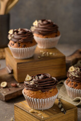 Chocolate chip muffins decorated with chocolate ganache
