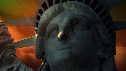Statue of Liberty Close with Tear features a close-up of the face of the Statue of Liberty with a tear sliding down the face and dark clouds in the background.