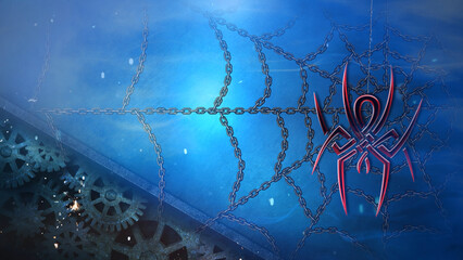 Chained Spider on a Wire features a red designer spider hanging from a piece of barbed wire in front of a web made of chain links with gears, sparks, smoke, and clouds for atmosphere.