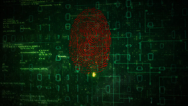 Cyber Security Alert features a background of digital numbers with a red thumbprint to show a cyber security threat.