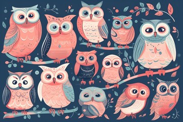 Naklejka premium group of owls perched on a tree branch. Generative AI