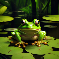 A happy frog in a pond sitting on a lilly pad - Generative AI
