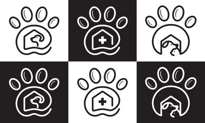 dog paw home logo. pet care white linear style concept element symbol vector illustration.